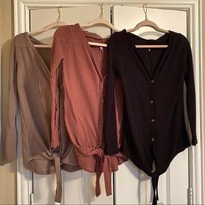 Women’s V neck waffle knit Henley button down tops